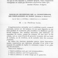 0022 - Page 20 - Séance du 13 janvier 1937. Communications. Existence de Rickettsia conjunctivae du mouton coles 1931 en Algérie, par A. Donatien et F. Lestoquard. (Institut Pasteur d'Algérie.). / Nouvelles recherches sur la chimiothérapie des piroplasmoses au Maroc (Zothélone et Gonacrine ?), par H. Velu, G. Zottner, J. Miegeville et G. Grimpret