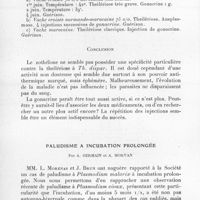 0028 - Page 26 - Séance du 13 janvier 1937. Communications. Nouvelles recherches sur la chimiothérapie des piroplasmoses au Maroc (Zothélone et Gonacrine ?), par H. Velu, G. Zottner, J. Miegeville et G. Grimpret. / Paludisme à incubation prolongée, par A. Germain et A. Morvan