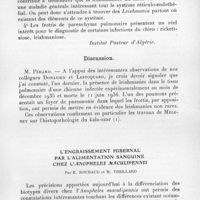 0033 - Page 31 - Séance du 13 janvier 1937. Communications. Le parasitisme du poumon dans la leishmaniose générale du chien, par A. Donatien et F. Lestoquard. (Institut Pasteur d'Algérie.). / L'engraissement hibernal par l'alimentation sanguine chez l'Anopheles maculipennis, par E. Roubaud et M. Treillard