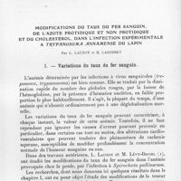 0059 - Page 57 - Séance du 13 janvier 1937. Mémoires. Épreuves de séro-protection en Afrique Equatoriale Française contribution à l'étude de la spécificité du test, par G. Saleun et J. Ceccaldi. / Modifications du taux du fer sanguin, de l'azote protidique et non protidique et du cholestérol, dans l'infection expérimentale à Trypanosoma annamense du lapin, par L. Launoy et H. Lagodsky