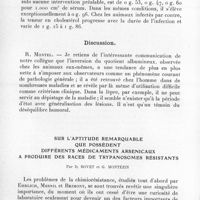 0070 - Page 68 - Séance du 13 janvier 1937. Mémoires. Modifications du taux du fer sanguin, de l'azote protidique et non protidique et du cholestérol, dans l'infection expérimentale à Trypanosoma annamense du lapin, par L. Launoy et H. Lagodsky. / Sur l'aptitude remarquable que possèdent différents médicaments arsenicaux à produire des races de trypanosomes résistants, par D. Bovet et G. Montézin