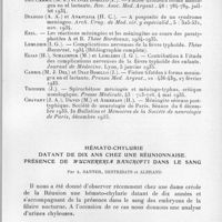 0111 - Page 109 - Société des sciences médicales de Madagascar. Séance du 20 octobre 1936. Méningite typhique à bacille d'Eberth chez un jeune enfant malgache, par G. Moustardier et R. Bourdin. / Hémato-chylurie datant de dix ans chez une réunionnaise. Présence de Wuchereria bancrofti dans le sang, par A. Sanner, Destribats et Albrand