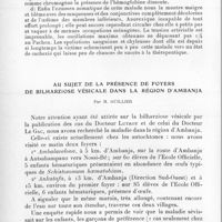 0114 - Page 112 - Société des sciences médicales de Madagascar. Séance du 20 octobre 1936. Hémato-chylurie datant de dix ans chez une réunionnaise. Présence de Wuchereria bancrofti dans le sang, par A. Sanner, Destribats et Albrand. / Au sujet de la présence de foyers de bilharziose vésicale dans la région d'Ambanja, par M. Guillier
