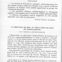 0134 - Page 128 - Séance du 10 février 1937. Communications. Premiers cas de typhus bénin diagnostiqués à Dakar, par C. Durieux, A. Rivoalen et Maurice Mathis. (Institut Pasteur de Dakar.). / La réaction de Weil et Félix chez les rats de Saïgon-Cholon, par P. Delbove et Nguyèn-Van-Huong