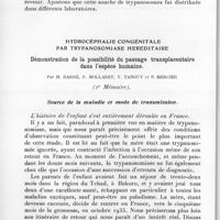 0172 - Page 166 - Séance du 10 février 1937. Mémoires. Hydrocéphalie congénitale par Trypanosomiase héréditaire. Démonstration de la possibilité du passage transplacentaire dans l'espèce humaine. Par H. Darré, P. Mollaret, Y. Tanguy et P. Mercier (1er Mémoire). / Hydrocéphalie congénitale par Trypanosomiase héréditaire. Démonstration de la possibilité du passage transplacentaire dans l'espèce humaine. Par H. Darré, P. Mollaret, Y. Tanguy et P. Mercier (2e Mémoire)