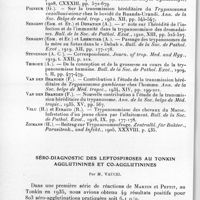 0182 - Page 176 - Séance du 10 février 1937. Mémoires. Hydrocéphalie congénitale par Trypanosomiase héréditaire. Démonstration de la possibilité du passage transplacentaire dans l'espèce humaine. Par H. Darré, P. Mollaret, Y. Tanguy et P. Mercier (2e Mémoire). / Séro-diagnostic des leptospiroses au Tonkin agglutinines et co-agglutinines, par M. Vaucel