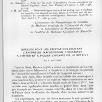0199 - Page 193 - Séance du 10 février 1937. Mémoires. Etude concernant l'existence des biotypes anthropophiles de l'Anopheles maculipennis, par P. Van Thiel et J. Sautet. (Laboratoire de parasitologie de l'Institut de médecine tropicale de l'Université de Leyde et laboratoire de parasitologie de l'Institut de médecine coloniale de Marseille.). / Quelles sont les excitations incitant l'Anopheles maculipennis atroparvus à visiter et à piquer l'homme ou le bétail ? Par P. Van Thiel