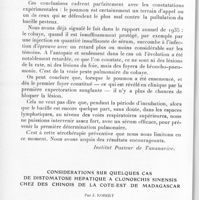 0214 - Page 208 - Société des sciences médicales de Madagascar. Séance du 17 novembre 1936. Sérothérapie dans la peste pulmonaire primitive, par M. Robic. (Institut Pasteur de Tananarive.). / Considérations sur quelques cas de distomatose hépatique à Clonorchis sinensis chez des chinois de la côte-est de Madagascar, par J. Robert
