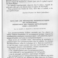 0277 - Page 261 - Séance du 14 avril 1937. Communications. Un nouveau cas de typhus exanthématique type fièvre fluviale observé en Indochine, par Souchard et Tournier. [Institut Pasteur de Dalat (Indochine.).]. / Note sur les méningites pneumococciques en Cochinchine. Importance des formes septicémiques chez l'annamite, par Ch. Ragiot, P. Delbove et Nguyen-Van-Huong