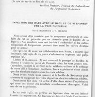 0284 - Page 268 - Séance du 14 avril 1937. Communications. Essais de traitement des streptococcies expérimentales du rat et du lapin par injections sous-cutanées de 1162 F., en suspension dans l'huile et dans l'huile-lanoline, par E. Montestruc. (Institut Pasteur, travail du laboratoire du Professeur Marchoux.). / Infection des rats avec le bacille de Stefansky par la voie digestive, par E. Marchoux et V. Chorine