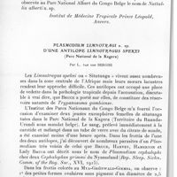 0288 - Page 272 - Séance du 14 avril 1937. Communications. Un piroplasmide nouveau, Nuttalia Alberti n. sp. chez une hyène du parc national Albert (Congo Belge), par L. Van Den Berghe. (Institut de médecine tropicale Prince Léopold, Anvers.). / Plasmodium limnotragi n. sp. d'une antilope Limnotragus spekei (Parc national de la Kagera), par L. Van Den Berghe