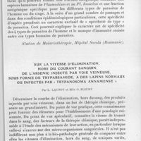 0332 - Page 315 - Séance du 14 avril 1937. Mémoires. Contributions à l'étude de l'action pathogène de Pl. Knowlesi pour l'homme (considérations sur l'immunité naturelle et l'immunité acquise contre cette espèce de parasite), par M. Ciuca. L. Ballif. M. Chelaresco, M. Lavrinenko, E. Zotta. [Station de malariathérapie, Hôpital Socola (Roumanie).]. / Sur la vitesse d'élimination, hors du courant sanguin, de l'arsenic injecté par voie veineuse, sous forme de tryparsamide, à des lapins normaux ou infectés par « Trypanosoma annamense », par L. Launoy et Mlle O. Fleury