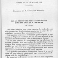 0342 - Page 325 - Société des sciences médicales de Madagascar. Séance du 22 décembre 1936. Sur la recherche des bactériophages dans les eaux de Madagascar, par J. Robic