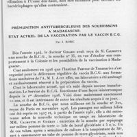 0344 - Page 327 - Société des sciences médicales de Madagascar. Séance du 22 décembre 1936. Sur la recherche des bactériophages dans les eaux de Madagascar, par J. Robic. / Prémunition antituberculeuse des nourrissons à Madagascar. État actuel de la vaccination par le vaccin B.C.G., par J. Robic