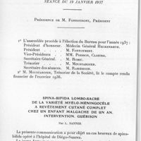 0349 - Page 332 - Société des sciences médicales de Madagascar. Séance du 19 janvier 1937. Spina-bifida lombo-sacré de la variété myélo-méningocèle à revêtement cutané complet chez un enfant malgache de un an. Intervention. Guérison, par L. Sanner