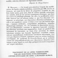 0377 - Page 356 - Séance du 12 mai 1937. Communications. Note sur les modifications du liquide céphalo-rachidien au cours de la fièvre A pappataci, par P.Le Gac et L. Albrand. (Hôpital de Diego-Suarez.). / Traitement de la lèpre tuberculoïde par les injections intra-dermiques d'éther éthylique de Gorli (Caloncoba Glauca), par J. Tisseuil (Première note)