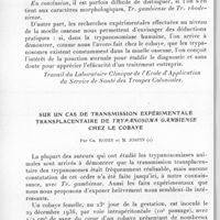 0397 - Page 372 - Séance du 12 mai 1937. Communications. Recherches expérimentales sur Trypanosoma gambiense. Présence constante du trypanosome dans la moelle osseuse. Déductions pour le diagnostic et l'étude de la trypanosomiase humaine, par Ch. Robin et M. Jospin. (Travail du laboratoire clinique de l'Ecole d'application du Service de santé des troupes coloniales.). / Sur un cas de transmission expérimentale transplacentaire de Trypanosoma gambiense chez le cobaye, par Ch. Robin et M. Jospin