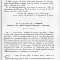 0404 - Page 379 - Séance du 12 mai 1937. Communications. Transmission héréditaire de Trypanosoma brucei chez le rat, par L. Morenas et E. Roman. (Travail du laboratoire de parasitologie de la Faculté de médecine et de pharmacie de Lyon.). / Un cas de colite à Giardia. Traitement créno-médicamenteux. Résultat. Par M. Enault