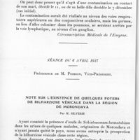 0455 - Page 430 - Société des sciences médicales de Madagascar. Séance du 23 février 1937. Note sur un cas de peste bubonique apparu chez un contact de peste pulmonaire, par M. Fimayer. (Circonscription médicale de l'Emyrne.). / Séance du 6 avril 1937. Note sur l'existence de quelques foyers de bilharziose vésicale dans la région de Morondava, par M. Silverie