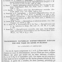 0486 - Page 459 - Séance du 9 juin 1937. Communications. Sur deux parasites des hématies du mouton et du boeuf d'un genre nouveau : Erythrocytozoon N. G., par F. Lestoquard et A. Donatien. / Transmission naturelle d'Eperythrozoon wenyoni par une tique du genre Hyalomma, par A. Donatien et F. Lestoquard
