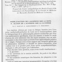 0494 - Page 467 - Séance du 9 juin 1937. Communications. A propos du traitement du paludisme par les dérivés de la dihydroquinamine, par J. Sautet. [Travail du centre antipaludique de Bastia (Corse) et du laboratoire de parasitologie de la Faculté de médecine de Marseille (Institut de médecine coloniale).]. / Mode d'action de l'acaprine sur la rate. II. Action de l'acaprine sur la glycémie, par I. Radvan, D. Alexandrescu et S. Stefanesco