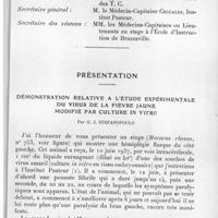 0553 - Page 523 - Séance du 7 juillet 1937. Correspondance. Constitution de la société médicale de l'Afrique Equatoriale Française. / Présentation. Démonstration relative à l'étude expérimentale du virus de la fièvre jaune modifié par culture in vitro, par G. J. Stefanopoulo