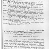 0607 - Page 577 - Séance du 7 juillet 1937. Communications. Distribution géographique de Filaria malayi et de Filaria bancrofti au Tonkin, par H. Galliard. / Hybridation naturelle de deux biotypes considérés comme amixiques de l'Anopheles maculipennis (Var. typicus et atroparvus), par E. Roubaud, J. Colas-Belcour et M. Treillard