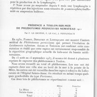 0736 - Page 698 - Séance du 13 octobre 1937. Communications. Note sur l'étiologie et le traitement de la lymphangite tropicale, par E. Montestruc et Ch. Bertrand. / Présence à Toulon-sur-Mer de Phlebotomus perniciosus Newstead 1911, par F. Le Chuiton, P. Le Gac, J. Pennanéach