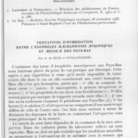 0737 - Page 699 - Séance du 13 octobre 1937. Communications. Présence à Toulon-sur-Mer de Phlebotomus perniciosus Newstead 1911, par F. Le Chuiton, P. Le Gac, J. Pennanéach. / Tentatives d'hybridation entre l'Anopheles maculipennis atroparvus et messeae des Pays-Bas, par A. de Buck et Swellengrebel