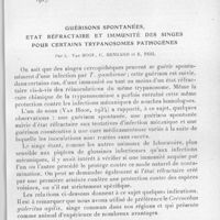 0765 - Page 727 - Séance du 13 octobre 1937. Mémoires. Recherches sur le réservoir de virus palustre chez les peuplades moïs de l'Indochine méridionale, par J. Mesnard et E. Farinaud. / Guérisons spontanées, état réfractaire et immunité des singes pour certains trypanosomes pathogènes, par L. Van Hoof, C. Henrard et E. Peel