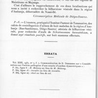 0782 - Page 744 - Société des sciences médicales de Madagascar. Séance du 22 juin 1937. La bilharziose vésicale dans la région d'Ambanja (Bas-Sambirano), par G. Guillier. (Circonscription médicale de Diégo-Suarez.). / Errata