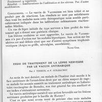 0791 - Page 751 - Séance du 10 novembre 1937. Communications. Observations résumées du traitement de quelques lépreux par le vaccin de Vaudremer, par Froilano de Mello et O. Loyola Pereira. [Nova Goa.]. / Essai de traitement de la lèpre nerveuse par le vaccin antirabique, par J. Tisseuil et F. Guilhaumou