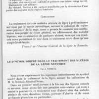 0795 - Page 755 - Séance du 10 novembre 1937. Communications. Essai de traitement de la lèpre nerveuse par le vaccin antirabique, par J. Tisseuil et F. Guilhaumou. (Travail de l'Institut central de la lèpre de Bamako.). / Le synthol soufré dans le traitement des ulcères de la lèpre nerveuse, par J. Tisseuil