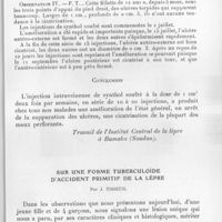0797 - Page 757 - Séance du 10 novembre 1937. Communications. Le synthol soufré dans le traitement des ulcères de la lèpre nerveuse, par J. Tisseuil. [Travail de l'Institut central de la lèpre à Bamako (Soudan).]. / Sur une forme tuberculoïde d'accident primitif de la lèpre, par J. Tisseuil