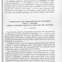 0805 - Page 765 - Séance du 10 novembre 1937. Communications. Une vue d'ensemble sur la marche, pendant 15 ans, de la méningite cérébro-spinale à Gao, par Froilano de Mello. / Persistance des sporozoïtes du paludisme chez A. Minimus après plusieurs prises de sang sur les animaux, par C. Toumanoff