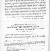 0812 - Page 772 - Séance du 10 novembre 1937. Communications. Piroplasmes et piroplasmoses en Syrie et au Liban, par L. Pigoury. (Travail du laboratoire vétérinaire des troupes du levant.). / Observations et remarques sur un cas de bilharziose rectale diagnostiqué à Saint-Etienne chez un mineur originaire de Djibouti, par Ch. Garin et E. Roman