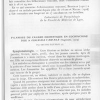 0815 - Page 775 - Séance du 10 novembre 1937. Communications. Observations et remarques sur un cas de bilharziose rectale diagnostiqué à Saint-Etienne chez un mineur originaire de Djibouti, par Ch. Garin et E. Roman. (Laboratoire de parasitologie de la Faculté de médecine de Lyon.). / Filariose du canard domestique en Cochinchine due à Oshimaia Taiwana (Sugimoto, 1919), par Truong-Tan-Ngoc