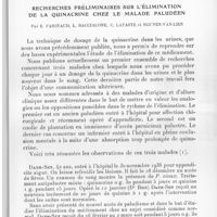 0831 - Page 791 - Séance du 10 novembre 1937. Mémoires. Recherches préliminaires sur l'élimination de la quinacrine chez le malade paludéen, par E. Farinaud, L. Baccialone, C. Lataste et Nguyen-Van-Lien
