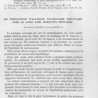 0039 - Page 31 - Séances des 8 janvier et 12 février 1958. Communications. Contribution à la chimiothérapie-retard de la lèpre par l'Hyrgathione, par R. Touzin et R. Bocat. / Un phénomène d'allergie pulmonaire spécifique chez le lapin avec Rickettsia prowazeki, par Francis Roger et Annie Roger