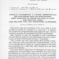 0040 - Page 32 - Séances des 8 janvier et 12 février 1958. Communications. Un phénomène d'allergie pulmonaire spécifique chez le lapin avec Rickettsia prowazeki, par Francis Roger et Annie Roger. [Service des rickettsies de l'Institut Pasteur (Docteur Paul Giroud).]. / Nouvelle contribution à l'étude expérimentale des exanthèmes dans les rickettsioses. Leurs conditions de production chez le lapin avec Rickettsia conori. Leur relation avec des phénomènes allergiques, par Francis Roger et Annie Roger