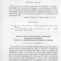 0050 - Page 40 - Séances des 8 janvier et 12 février 1958. Communications. Note sur l'épidémie de grippe asiatique à Brazzaville, par R. Depoux et J. Orio, avec la collaboration technique de Mlle E. Baldasar. (Institut Pasteur de Brazzaville, A. E. F.). / Sur un cas de déficience psychique d'origine palustre traité à l'hémochromatophénol d'Henry, par R. Gelsi et A. Lacroix