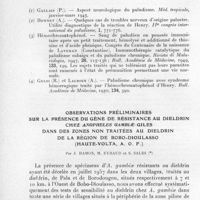 0052 - Page 42 - Séances des 8 janvier et 12 février 1958. Communications. Sur un cas de déficience psychique d'origine palustre traité à l'hémochromatophénol d'Henry, par R. Gelsi et A. Lacroix. / Observations préliminaires sur la présence du gène de résistance au dieldrin chez Anopheles gambiae giles dans des zones non traitées au dieldrin de la région de Bobo-Dioulasso (Haute-Volta, A. O. F.), par J. Hamon, M. Eyraud et S. Sales