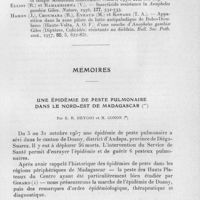 0057 - Page 47 - Séances des 8 janvier et 12 février 1958. Communications. Observations préliminaires sur la présence du gène de résistance au dieldrin chez Anopheles gambiae giles dans des zones non traitées au dieldrin de la région de Bobo-Dioulasso (Haute-Volta, A. O. F.), par J. Hamon, M. Eyraud et S. Sales. / Mémoires. Une épidémie de peste pulmonaire dans le Nord-Est de Madagascar, par E. R. Brygoo et M. Gonon