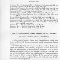 0415 - Page 384 - Séances des 14 mai et 11 juin 1958. Mémoires. Passages intracérébraux ininterrompus effectués de souris à souris avec Plasmodium berghei, Trypanosoma brucei, T. equiperdum, T. congolense et T. gambiense, en vue de la recherche d'un neurotropisme éventuel, par J.-C. Levaditi, H. Jonchère et R. Husson. (Institut Pasteur.). / Sur les oesophagostomes parasites de l'homme, par Alain G. Chabaud et Michel Larivière