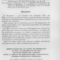 0424 - Page 393 - Séances des 14 mai et 11 juin 1958. Mémoires. Sur les oesophagostomes parasites de l'homme, par Alain G. Chabaud et Michel Larivière. / Observations sur le niveau de sensibilité au DDT, au dieldrin et au HCH de Culex pipiens ssp. fatigans dans la région de Bobo-Dioulasso, Haute-Volta, Afrique Occidentale Française, par J. Hamon, M. Eyraud, S. Sales et J.-P. Adam