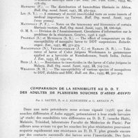 0435 - Page 404 - Séances des 14 mai et 11 juin 1958. Mémoires. Observations sur le niveau de sensibilité au DDT, au dieldrin et au HCH de Culex pipiens ssp. fatigans dans la région de Bobo-Dioulasso, Haute-Volta, Afrique Occidentale Française, par J. Hamon, M. Eyraud, S. Sales et J.-P. Adam. / Comparaison de la sensibilité au D. D. T. des adultes de plusieurs souches d'Aedes aegypti, par J. Sautet, R. et J. Aldighieri et G. Arnaud
