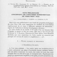 0521 - Page 486 - Séances des 9 juillet et 8 octobre 1958. Communications. Premier cas de lymphoréticulose bénigne d'inoculation décrit au Cambodge, par J. P. Roussilhon, V. Brumpt, A. Willm et You Kim Yean. (Hôpital Preah Ket Melea et Institut de biologie du Cambodge.). / Note préliminaire concernant les caractères expérimentaux du virus West Nile, par J. Lavillaureix, C. Vermeil et A. Petrovic