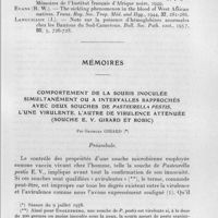 0590 - Page 547 - Séances des 9 juillet et 8 octobre 1958. Communications. Note préliminaire sur la drépanocytose en Pays Bamiléké (Cameroun), par R. Becquet, Mlle Th. Gasteau et Cl. Happi. / Mémoires. Comportement de la souris inoculée simultanément ou à intervalles rapprochés avec deux souches de Pasteurella pestis, l'une virulente, l'autre de virulence atténuée (souche E. V. Girard et Robic), par Georges Girard