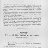 0733 - Page 679 - Célébration du 50e anniversaire de la Société de Pathologie Exotique. Séances des 18 et 19 novembre 1958. Séance solennelle (18 novembre 1958). Adresse de M. le Professeur Guido Finzi... / Allocution de M. le Professeur H. Galliard.