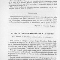 0958 - Page 884 - Séance du 10 décembre 1958. Communications. Essai de traitement des maux perforants plantaires hanséniens par des implantations placentaires, par Pham Kim Luong, Tran Van Bang et Nguyen Dinh Tiep. (Hôpital de Choquan, Saigon.). / Un cas de chromoblastomycose à la Réunion, par P. Martin de Mirandol, G. Segretain et Bataillard